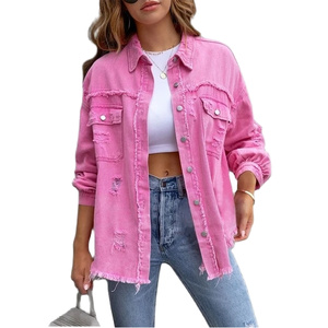 2025 nuevo estilo de longitud media Ragged Hole Denim Coat mujer otoño manga larga Casual Polo Top - Product Image 1