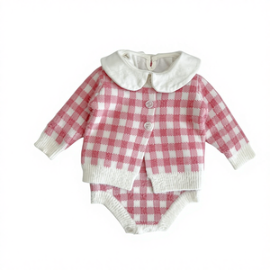 Ensemble trois pièces pour bébé Angou, nourrisson et tout-petit de 3 à 6 à 9 <span class=keywords><strong>mois</strong></span>, veste en jacquard à carreaux, barboteuse à bretelles, ensemble unique - Product Image 1
