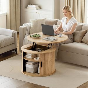 โต๊ะกาแฟทรงกลมแบบยกได้ทันสมัยพร้อมชั้นวางของ ท็อปไม้ เฟอร์นิเจอร์ห้องนั่งเล่น เส้นผ่านศูนย์กลาง 26.7 นิ้ว - Product Image 3