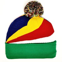 Nouveau bonnet tricoté avec drapeau des Seychelles pour femmes et hommes, bonnet à pompon, bonnet chaud d'hiver, doux, extensible, pas cher, vente en gros personnalisée