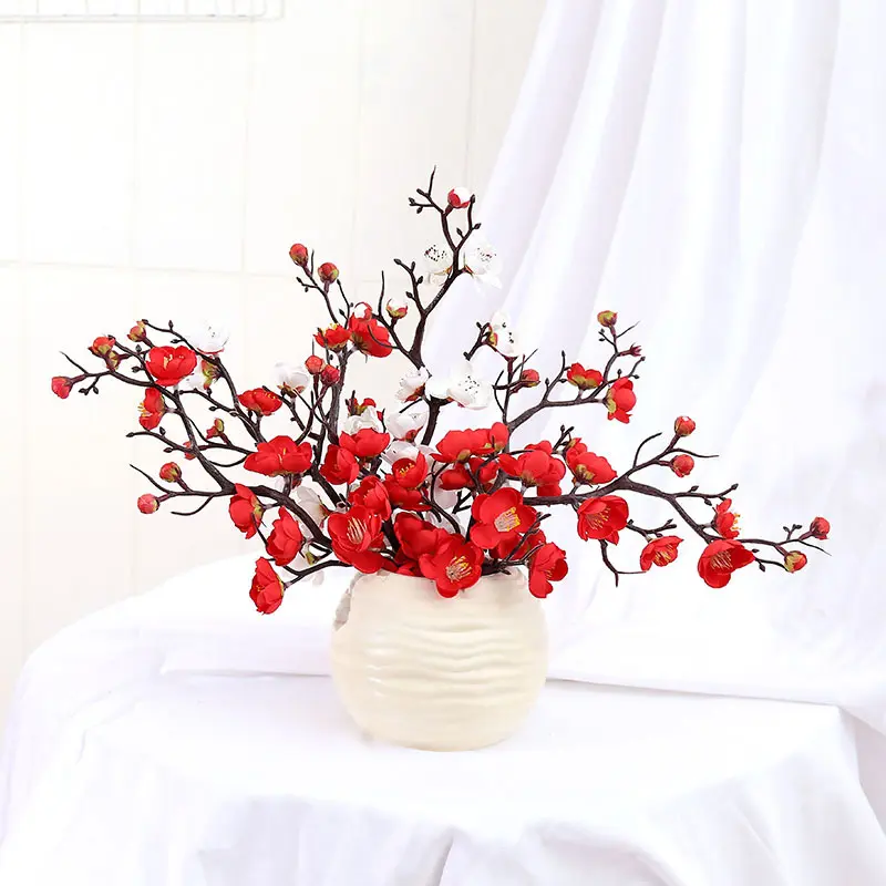 Flores artificiales decorativas para el hogar, casa china, boda, sala de estar, ramas de flores de ciruelo blancas, rojas y rosas