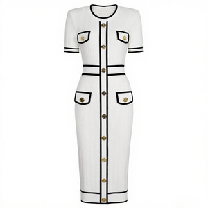Abiti Casual Eleganti e Classici Aderenti da Donna a Maniche Corte <span class=keywords><strong>con</strong></span> Collo Lavorato a <span class=keywords><strong>Maglia</strong></span>, <span class=keywords><strong>Bottoni</strong></span> <span class=keywords><strong>con</strong></span> Strass e Stampa Antistatica per la Primavera - Product Image 5