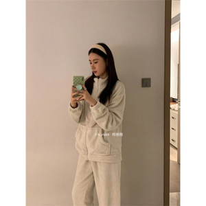 Invierno leche terciopelo caramelo Color cremallera pijamas mujeres novias Coral sólido 280g - Product Image 6