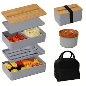 Eco Friendly Custom Logo Reusable Double Layer Phone Holder <b>Bamboo</b> Lid Food <b>Container</b> Lunch Banto Box for Student - Product Image 3