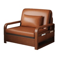 Nuevo Modelo de Sofá Cama Plegable Extensible de Estilo Chino, Cuero Encerado, Doble Uso, Dos Plazas, Mecanismo Push-Pull para Sala de Estar, Madera