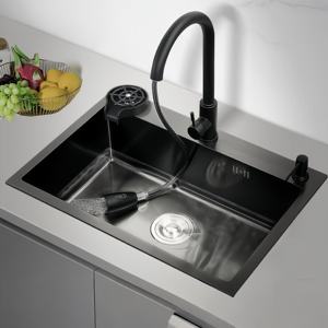 Évier de cuisine en acier inoxydable 304 noir nano or, à cuve unique, épaissi, modifié à partir d'un modèle à double cuve - Vente chaude - Product Image 1