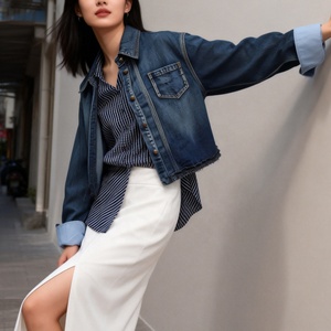 Veste en jean vintage délavée pour <span class=keywords><strong>femme</strong></span>, coupe courte, boutonnée, avec ourlet à franges, manches longues, style streetwear - Product Image 1