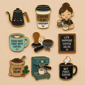 Pins de solapa de metal personalizados al por mayor para baristas, con esmalte blando y duro, con temática de café - Product Image 1