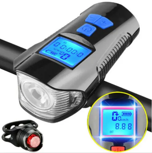 3 in1 su geçirmez bisiklet ışığı USB şarj bisikleti ön ışık el feneri gidon bisiklet başkanı işık boynuz hız ölçer LCD ekran