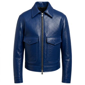 Veste en cuir bleue pour homme, col rabattu, fermeture éclair - Product Image 1