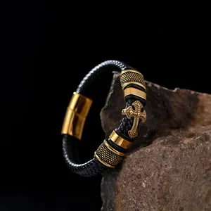 Vintage Gold Bracelet Men Fashion jewelry Cross Braided Leather Bracelet for Men