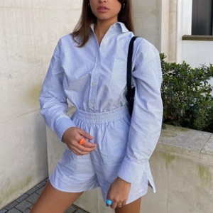 Spring Collection <b>Linen</b> Two-Piece <b>Set</b> Casual Turn Down Collar Shirt Elastic Waist A-Line Short Blue Women's Stripe <b>Linen</b> <b>Set</b> - Product Image 1