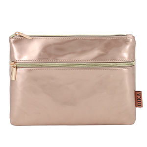 Factory Custom Patent PU Leather Stylish Makeup Cosmetic <strong>Clutch</strong> Bag OEM Shiny Beauty Zipper Pouch with Two Golden Zippers