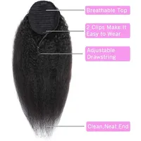 Queue de cheval brésilienne Remy Kinky Straight en cheveux humains, extension 100% naturelle, avec cordon de serrage, simple épaisseur, noir naturel # 1B Femmes