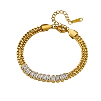 Bracelet en acier inoxydable avec chaîne baguette et rangée de pierres, or et argent, pour femme