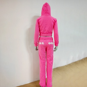New Street Wear Custom pink Women <b>Zip</b> <b>up</b> <b>Cropped</b> Hoodie and Sewatpants Set Embroidery Patch logo Tracksuit Jog Sweatsuit Women - Product Image 2