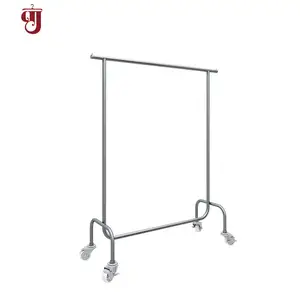 Display rack clothing store hanger floor stainless steel brushed silver island hanging rod with wheels