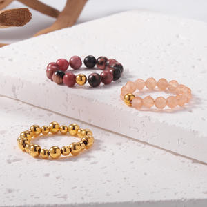 クラシックシェルハートリングセット ピンクトルマリン天然石 ステンレススチールビーズリング 女性用 ガールズ用 - Product Image 4