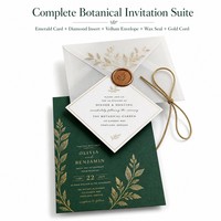 Suite d'invitations de mariage de luxe vert émeraude avec feuille botanique dorée, insert diamant, enveloppe en vélin et sceau de cire – Vente en gros