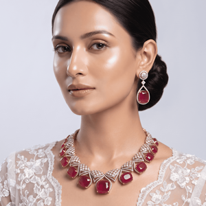 Luxury Rose Gold Plated Cubic Zirconia <b>Ruby</b> Red Gemstone Imitation <b>Necklace</b> Ideal Choice for Women Bridal Wedding Wear - Product Image 4
