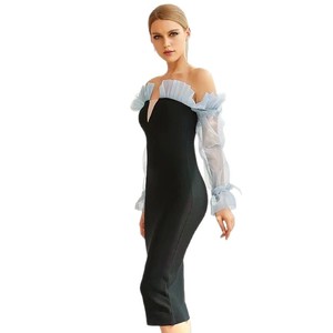 Robe midi moulante noire à col en V et taille haute avec manches longues contrastantes, élégante, pour le bureau ou les soirées, avec fermeture éclair - Product Image 5