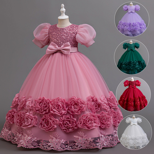 Robe de princesse élégante pour filles pour les fêtes d'été, manches bouffantes mignonnes avec jupe florale, tissu en taffetas, ODM, groupe d'âge : enfants - Product Image 2