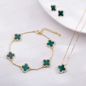 Spj Tốt S925 Đầy Đủ Cubic Zircon May Mắn Bốn Lá Cỏ Ba Lá Quyến Rũ Vòng Cổ Vòng Đeo Tay Thả Bông Tai 925 Sterling Bạc Bộ Đồ Trang Sức - Product Image 1