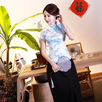 Haut et jupe Qipao améliorés avec motif fleur de prunier Slim Fit Retro Women Blouse Daily Wear Plus Size Mom Outfit Cheongsam