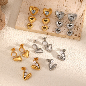 Pendientes con forma de corazón con incrustaciones de circonita y perla de acero inoxidable para mujer, regalo, joyería de moda - Product Image 2