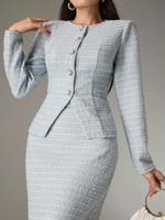 Ensemble Décontracté d'Automne Chic pour Femme: Blazer Tweed Ample et Jupe Mi-Longue Unie