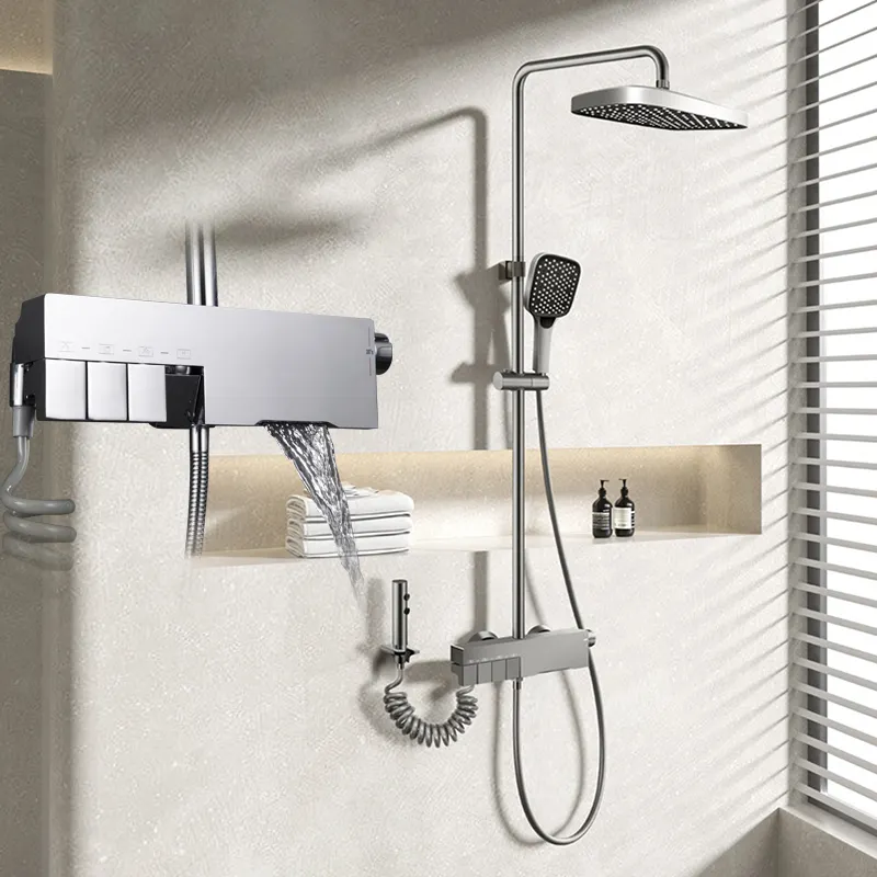 현대 4 기능 온도 조절 욕실 강우량 샤워 세트 듀얼 핸들 사각 스프레이 샤워
