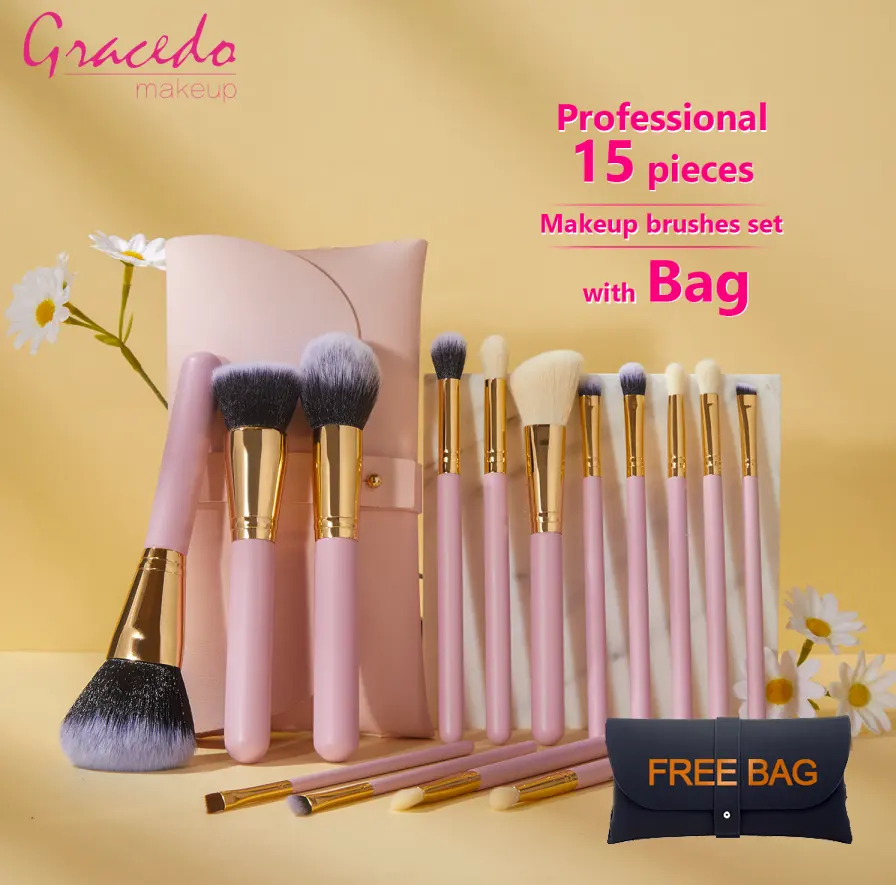 Atacado 15pcs Pink Makeup Brushes Brush Set Powder Sobrancelha Beleza maquiagem cosmética Brushes set
