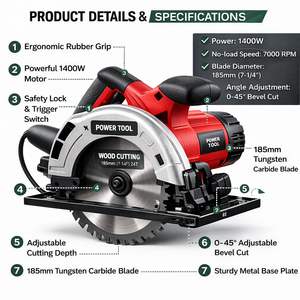 Scie circulaire électrique 1400W, 185mm, scie à bois portative, outil électrique avec coupe biseautée réglable - Product Image 4