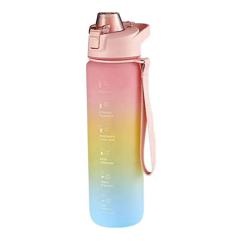 Madou Bouteille d'eau de sport portable de 1000ml avec marqueur de temps à paille et design étanche en plastique dégradé pour la salle de sport