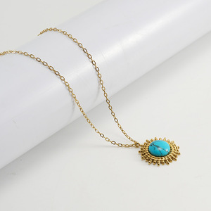 2022 New Turquoise Round Stainless Steel Pendant Women Simple Style <b>Titanium</b> Steel18K Necklace - Product Image 5