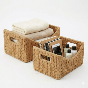 Natural Water Hyacinth <b>Storage</b> Basket Handmade Woven <b>Shelf</b> Organizer Bin With Built In Handles For Cozy Boho Home Decoration - Product Image 3