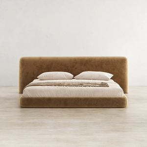 Divano <span class=keywords><strong>Letto</strong></span> Moderno in Velluto Marrone, Minimalista con Ampia <span class=keywords><strong>Testiera</strong></span> Imbottita, <span class=keywords><strong>Letto</strong></span> a Piattaforma a Basso Profilo King Size per Hotel e Casa - Product Image 1