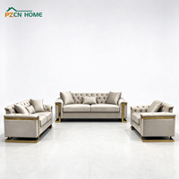 Ensemble de canapés Chesterfield modernes de luxe 1+2+3 places en velours beige capitonné avec structure en acier inoxydable doré pour salon
