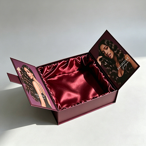 Boîte d'emballage magnétique à double ouverture en carton pour perruque en cheveux naturels avec insert en tissu de soie de luxe violet sur mesure - Product Image 1