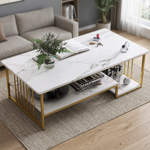 Modern Design Coffee <b>Table</b> <b>Set</b> of 2 with Faux Marble Top and Iron Frame Durable Living Room Furniture - Product Image 4