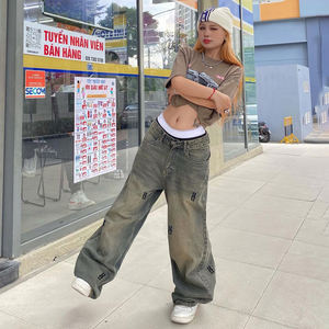 Jeans à jambe droite ample à imprimé lettres pour femmes, style décontracté de rue Y2K, style délavé - Product Image 4