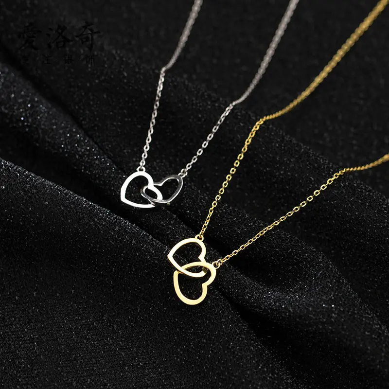 Tarnish Free Waterproof Stainless Steel 18k Gold Plated Love Heart Necklace Valentine's Day Double Heart Necklace for Women