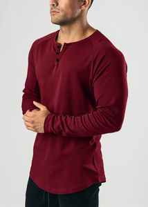 Camiseta Henley Vintage de color rojo vino, camiseta de manga larga, camiseta Base de Fitness deportiva de Color sólido, camiseta fina elástica de algodón puro con cuello en V - Product Image 3