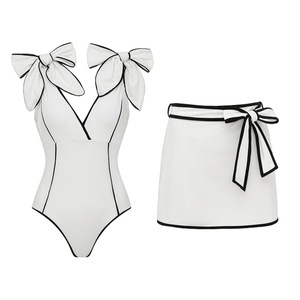 Women 2 Piece Swimwear Set V Neck Double Shoulder Big Bow One Piece Swimsuit With Matching <b>Swim</b> <b>Skirt</b> Beach Bathing <b>Suit</b> OEM ODM - Product Image 6