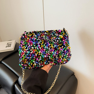 Sac carré à paillettes pour femme, petit format, avec chaîne, bandoulière, multicolore irisé, 7 pouces, fermeture éclair, pour tenues quotidiennes - Product Image 1