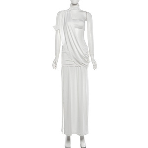 Vestido Largo Maxi Casual <span class=keywords><strong>Blanco</strong></span> con Cuello Halter y Aberturas para Mujer, Novedad 2026, Elegante Vestido de Verano para Damas - Product Image 4