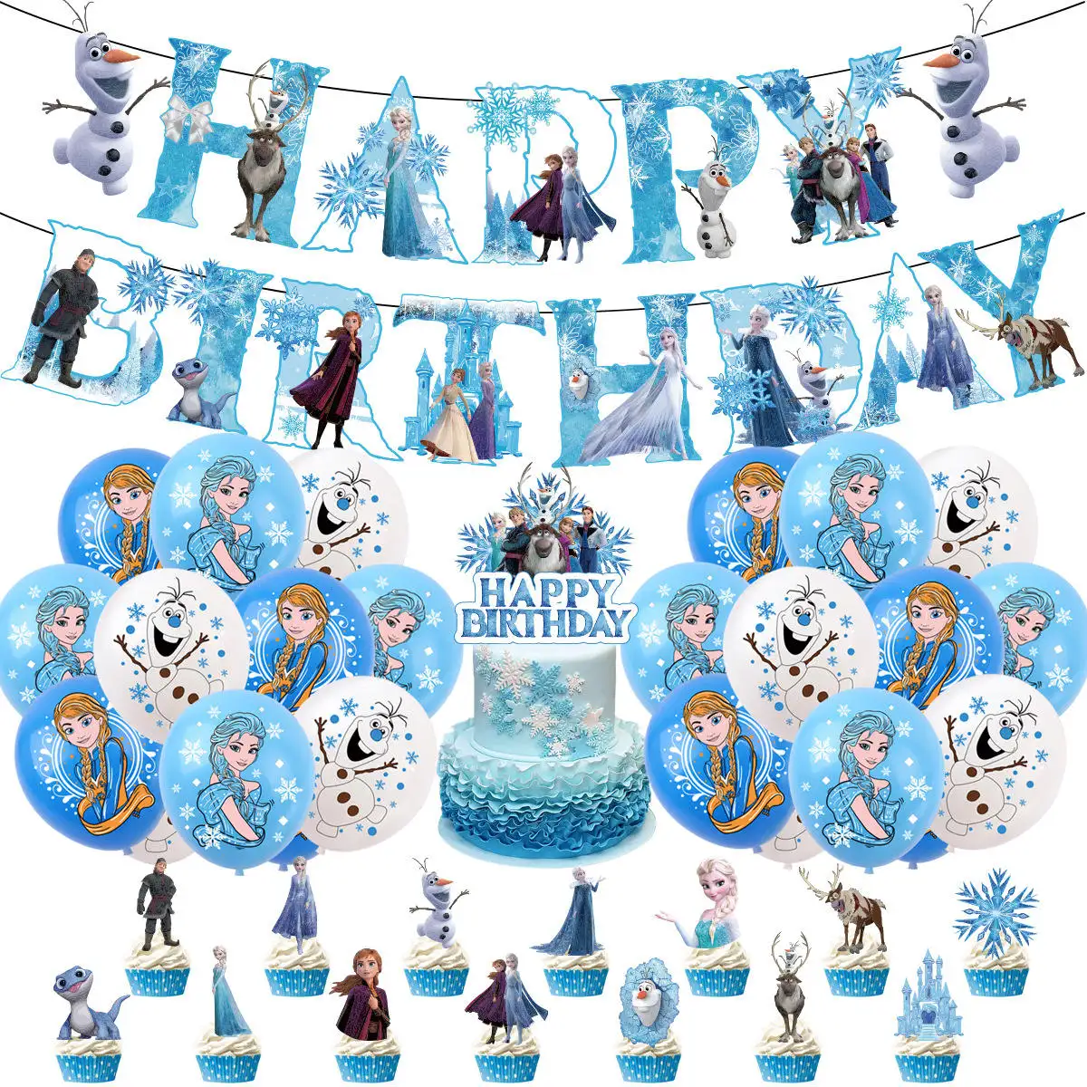 Set di decorazioni per buon compleanno a tema principessa palloncini per feste di compleanno con pupazzo di neve Set di bomboniere a tema congelato per bambini