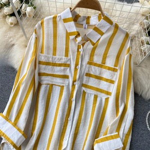 Camisa de Manga Raglán con Cuello Camisero para Mujer, Estilo Casual Vintage, Corte Regular, Rayas Verticales Desgastadas, 100% Transpirable, Venta <span class=keywords><strong>al</strong></span> Por <span class=keywords><strong>Mayor</strong></span> - Product Image 2
