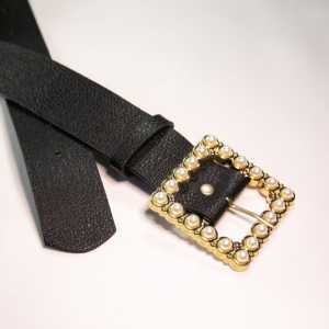 Cinturón Cuadrado con Hebilla de Perlas para Mujer, Cuero Negro, Chapado en Aleación, Estilo Formal - Product Image 3