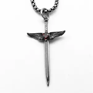 Non tarnish jewelry stainless steel red heart zircon wing sword pendant necklaces